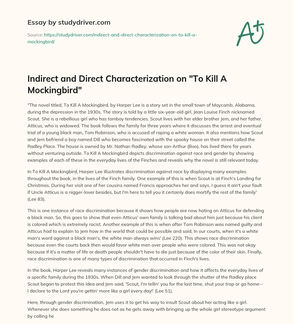 Indirect and Direct Characterization on “To Kill a Mockingbird” essay