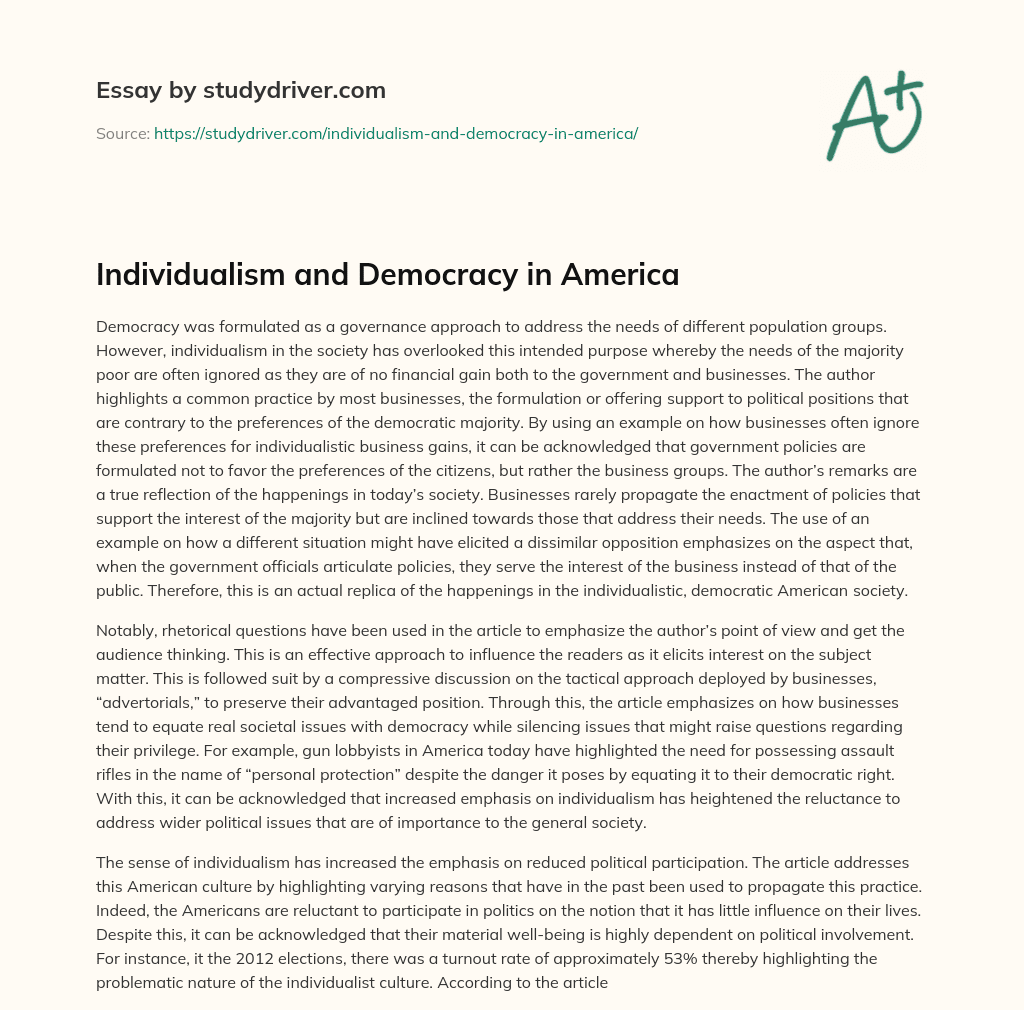 Individualism and Democracy in America essay