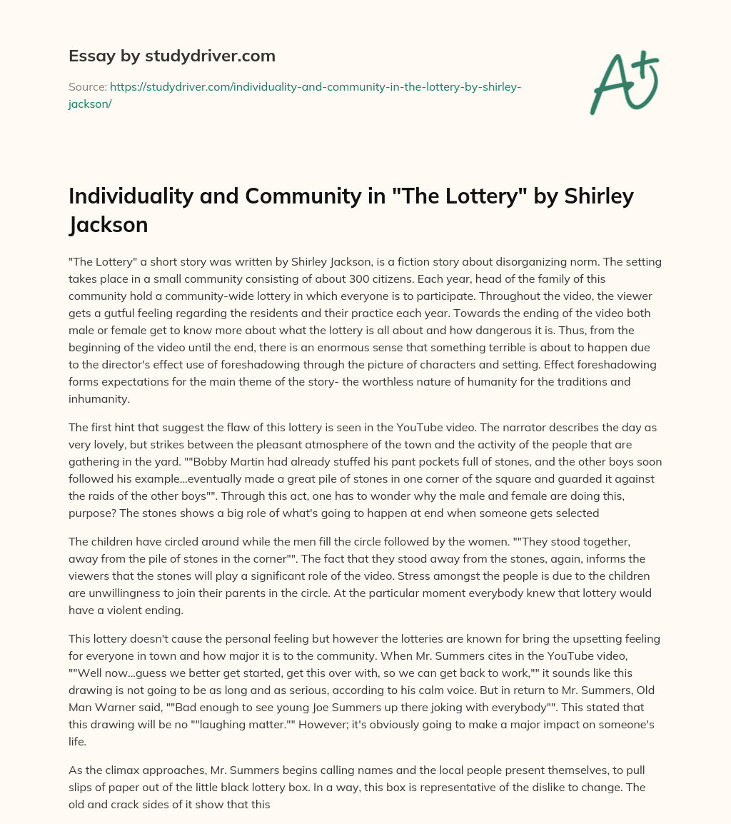 Individuality and Community in “The Lottery” by Shirley Jackson essay