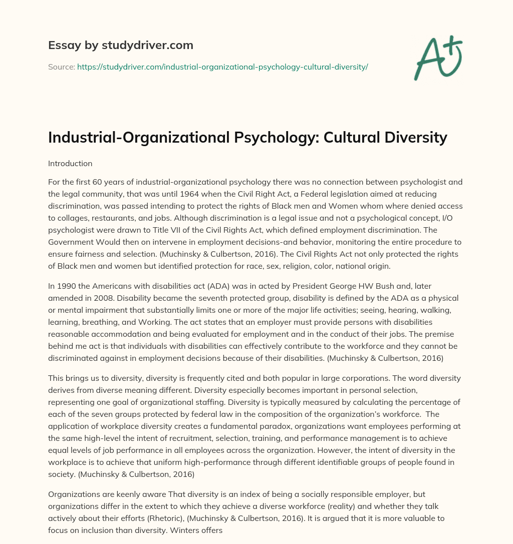 Industrial-Organizational Psychology: Cultural Diversity essay