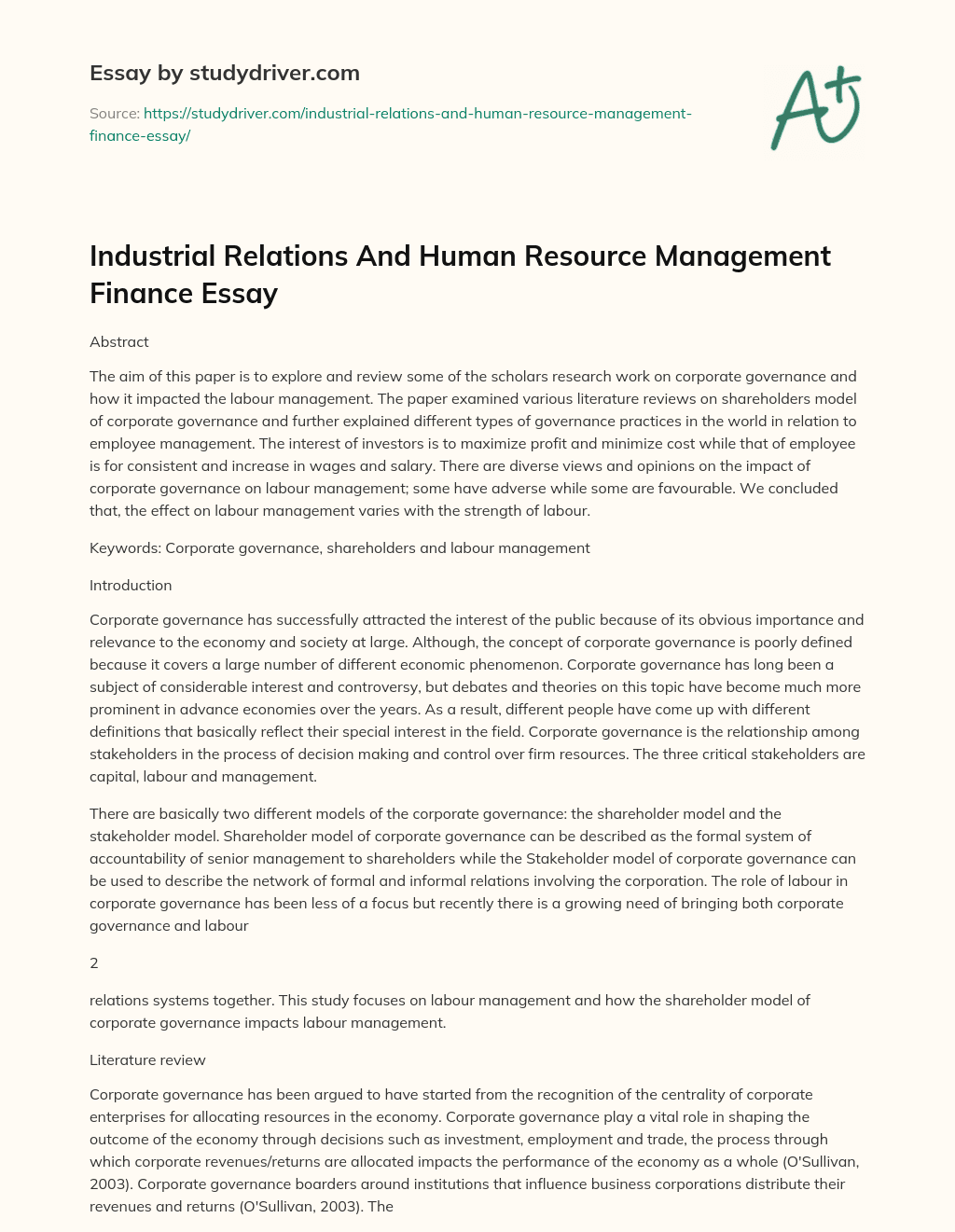 Industrial Relations and Human Resource Management Finance Essay essay