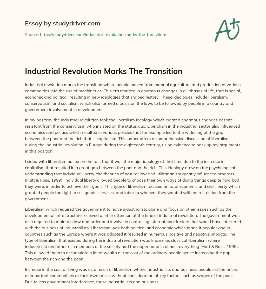 Industrial Revolution Marks the Transition essay