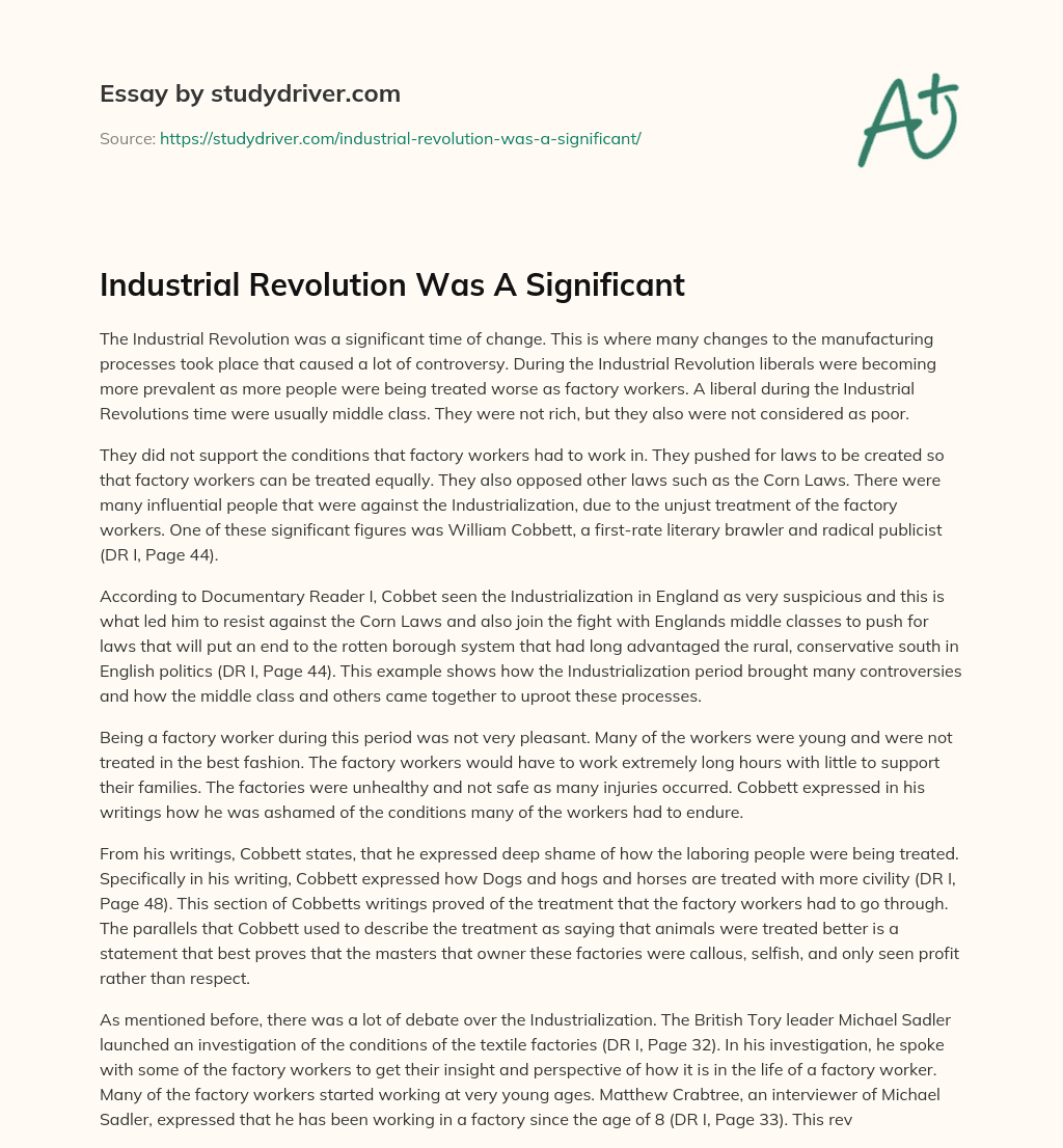 Industrial Revolution was a Significant essay