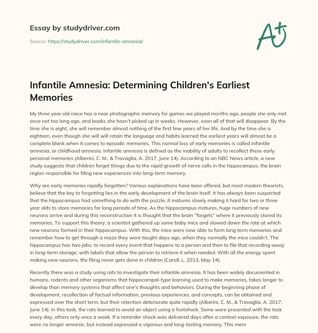 Infantile Amnesia: Determining Children’s Earliest Memories essay