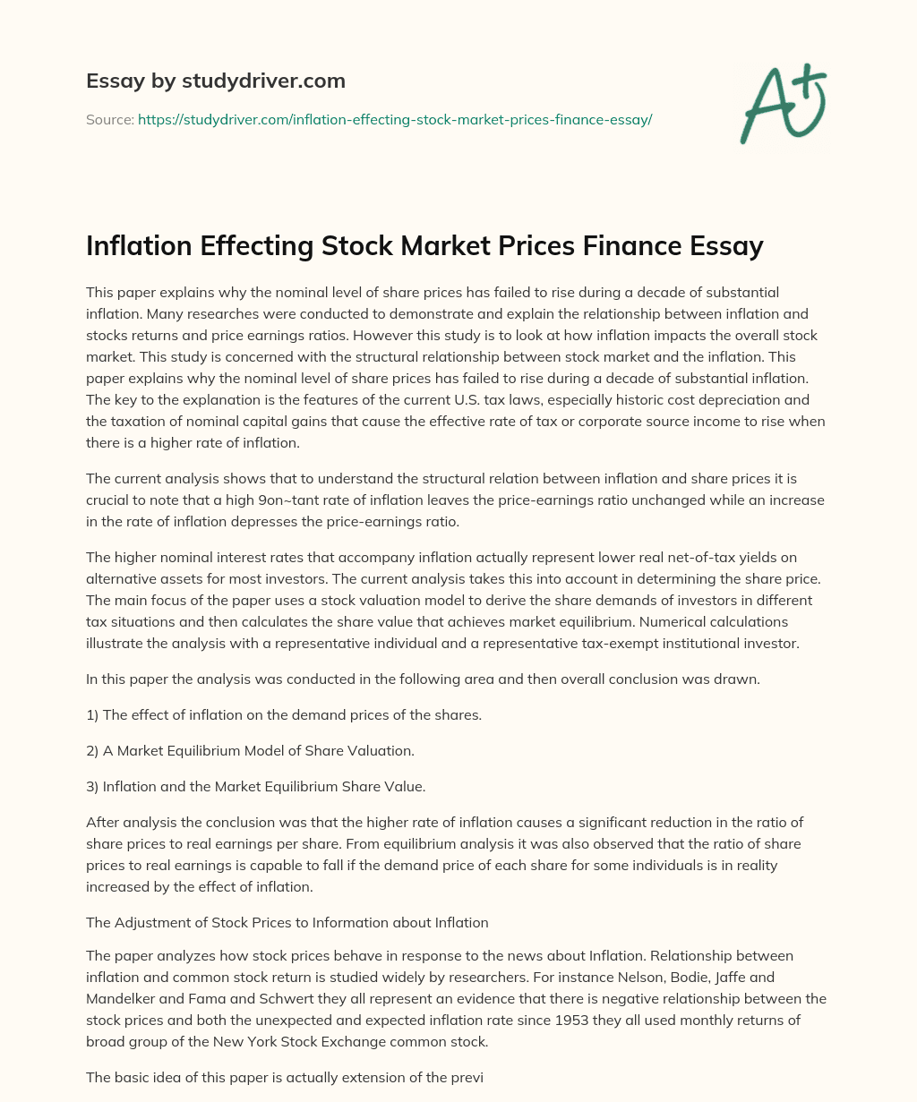 Inflation Effecting Stock Market Prices Finance Essay essay