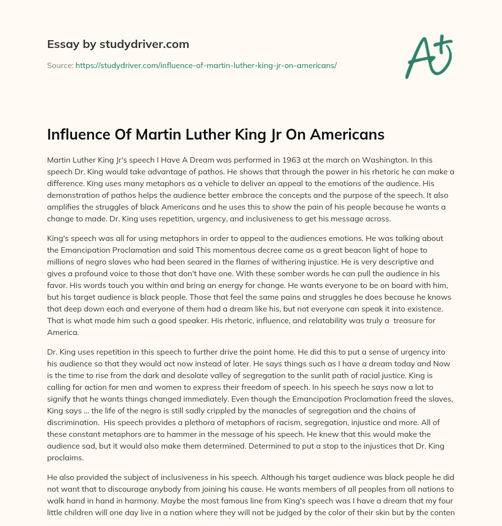 Influence of Martin Luther King Jr on Americans essay