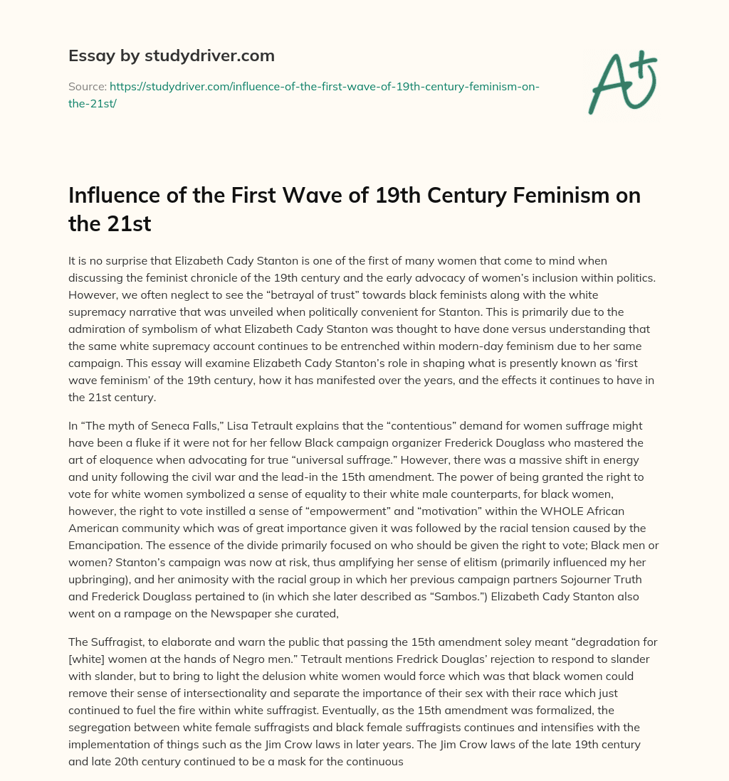 Influence of the First Wave of 19th Century Feminism on the 21st essay