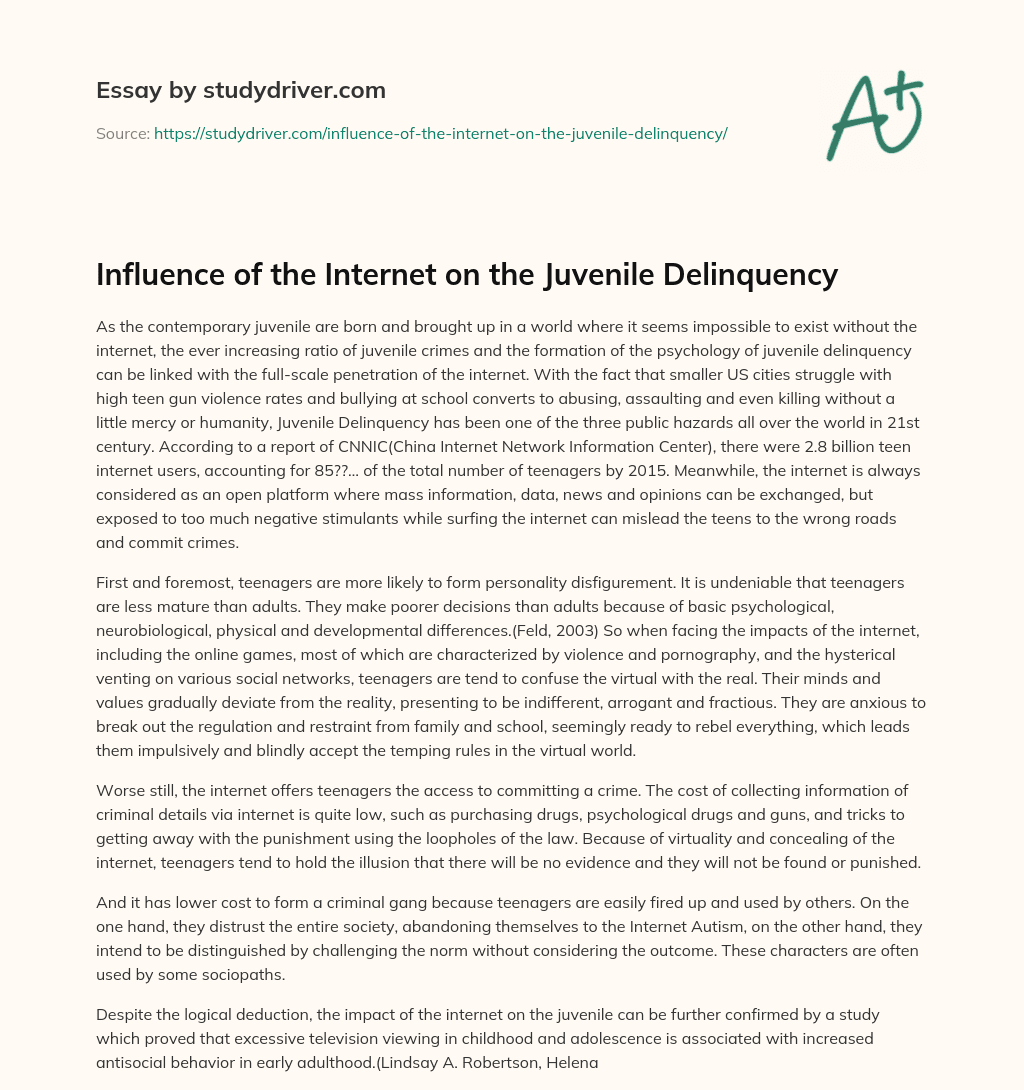 Influence of the Internet on the Juvenile Delinquency essay