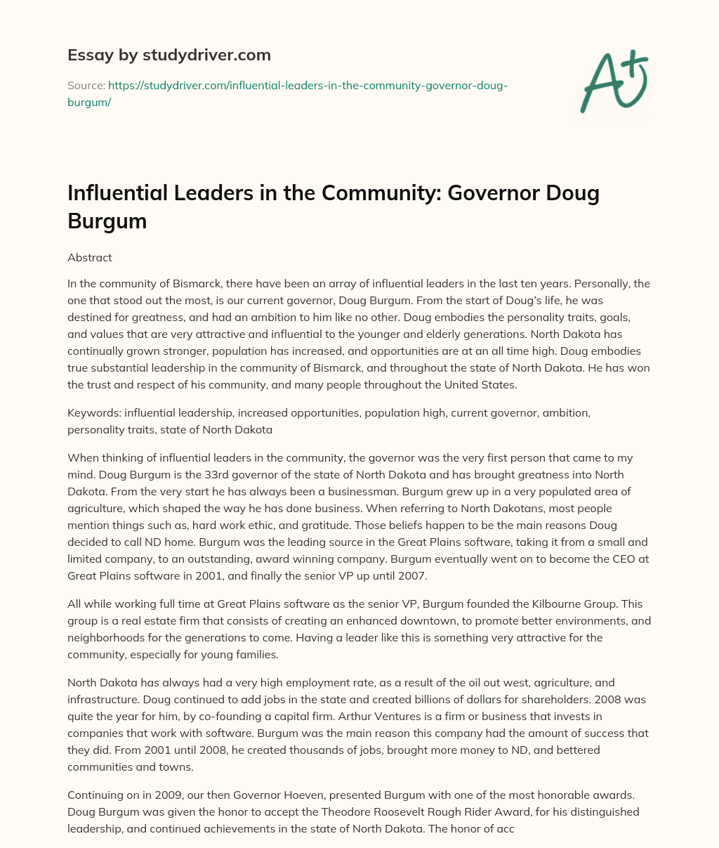 Influential Leaders in the Community: Governor Doug Burgum essay