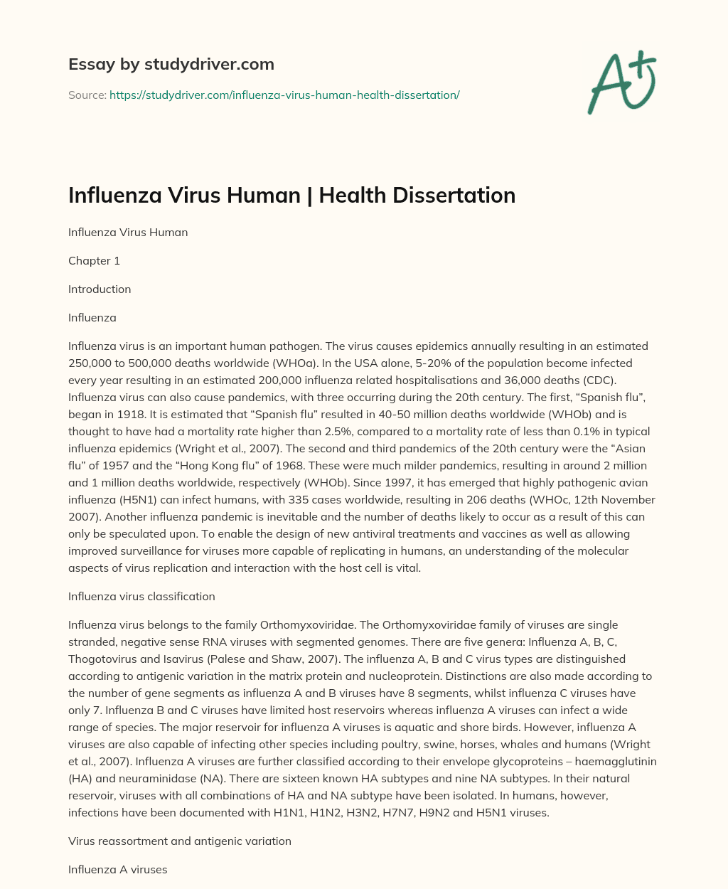 Influenza Virus Human | Health Dissertation essay