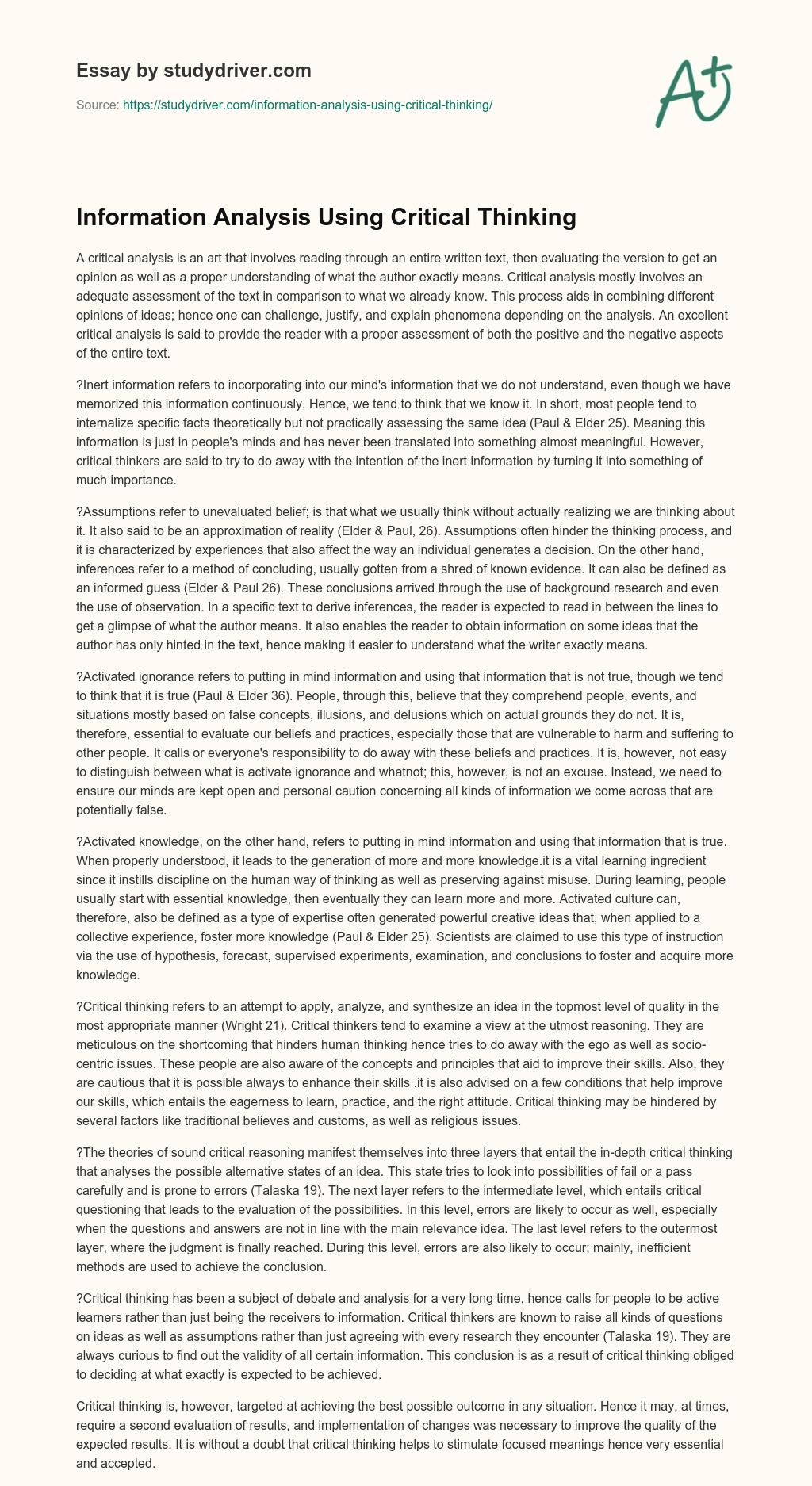 Information Analysis Using Critical Thinking essay