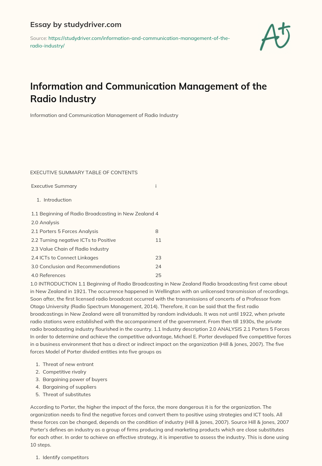 Information and Communication Management of the Radio Industry essay