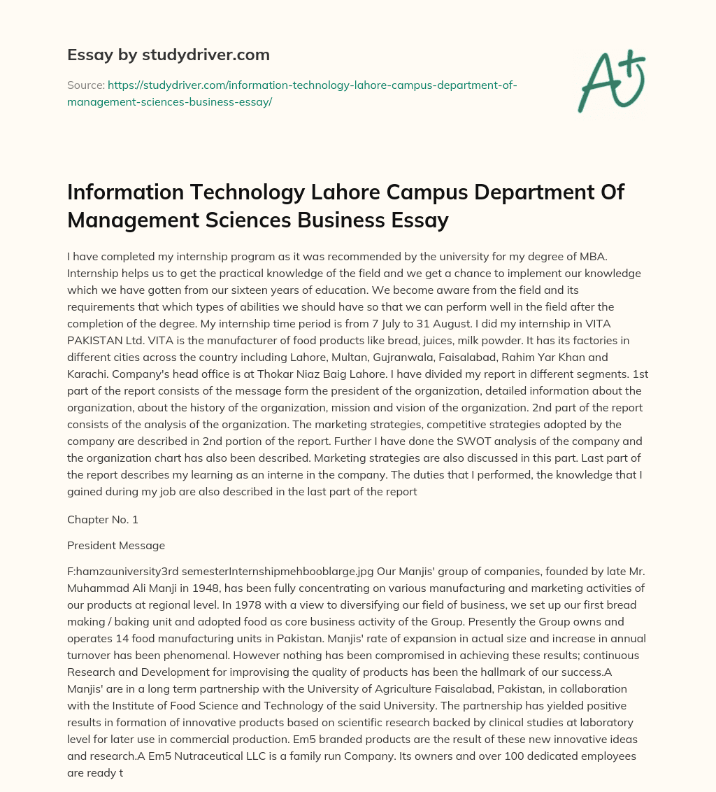 Information Technology Lahore Campus Department of Management Sciences Business Essay essay