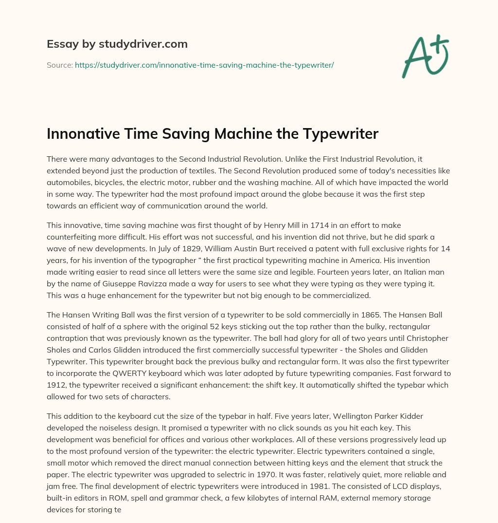 Innonative Time Saving Machine the Typewriter essay