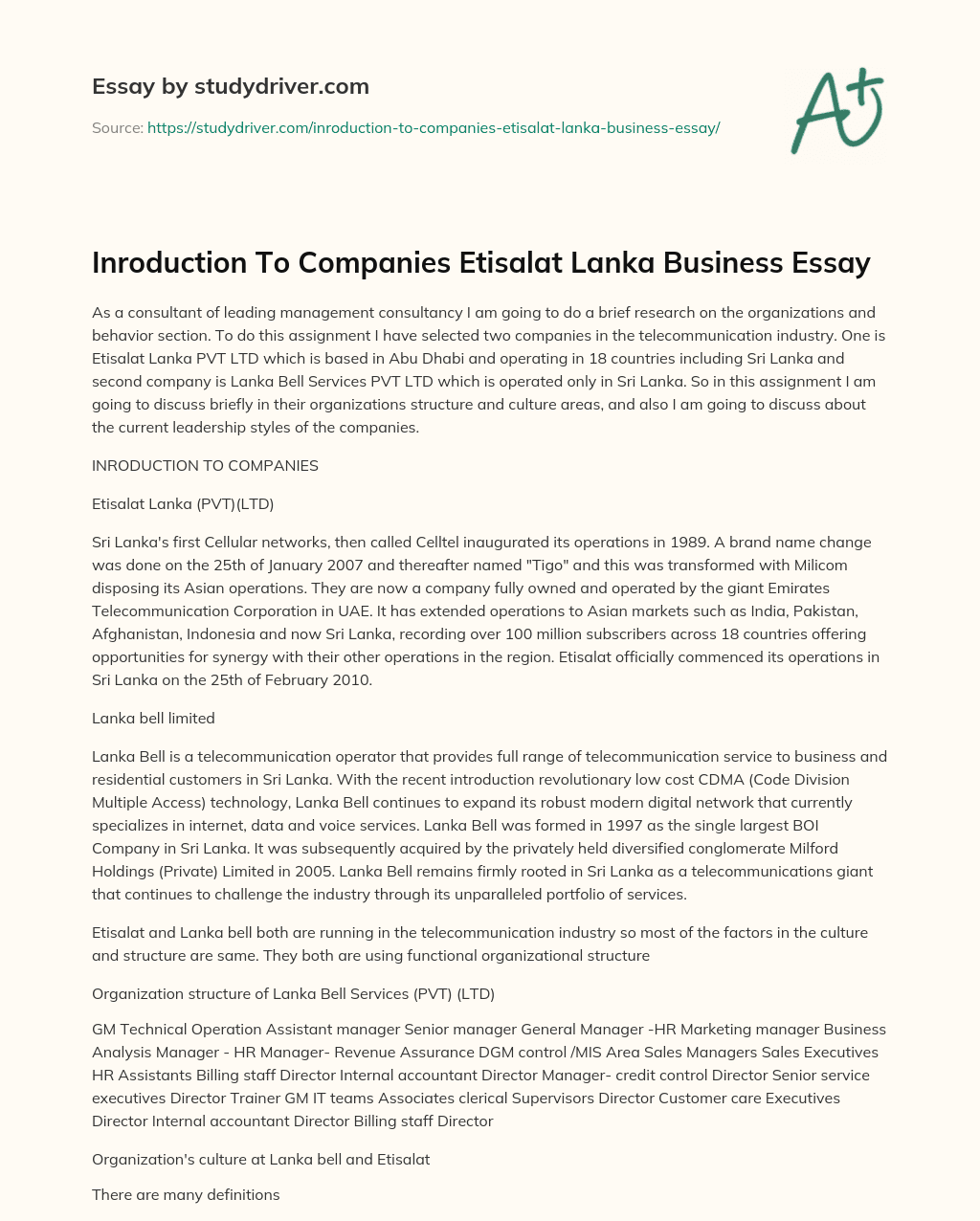 Inroduction to Companies Etisalat Lanka Business Essay essay