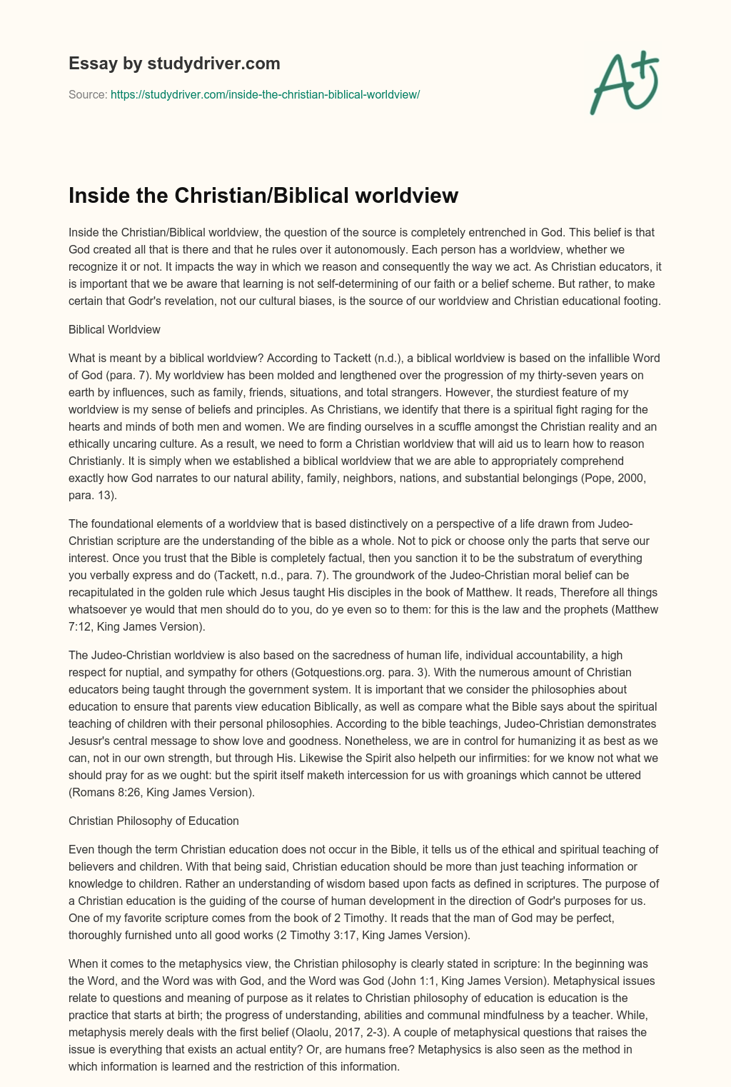 Inside the Christian/Biblical Worldview essay
