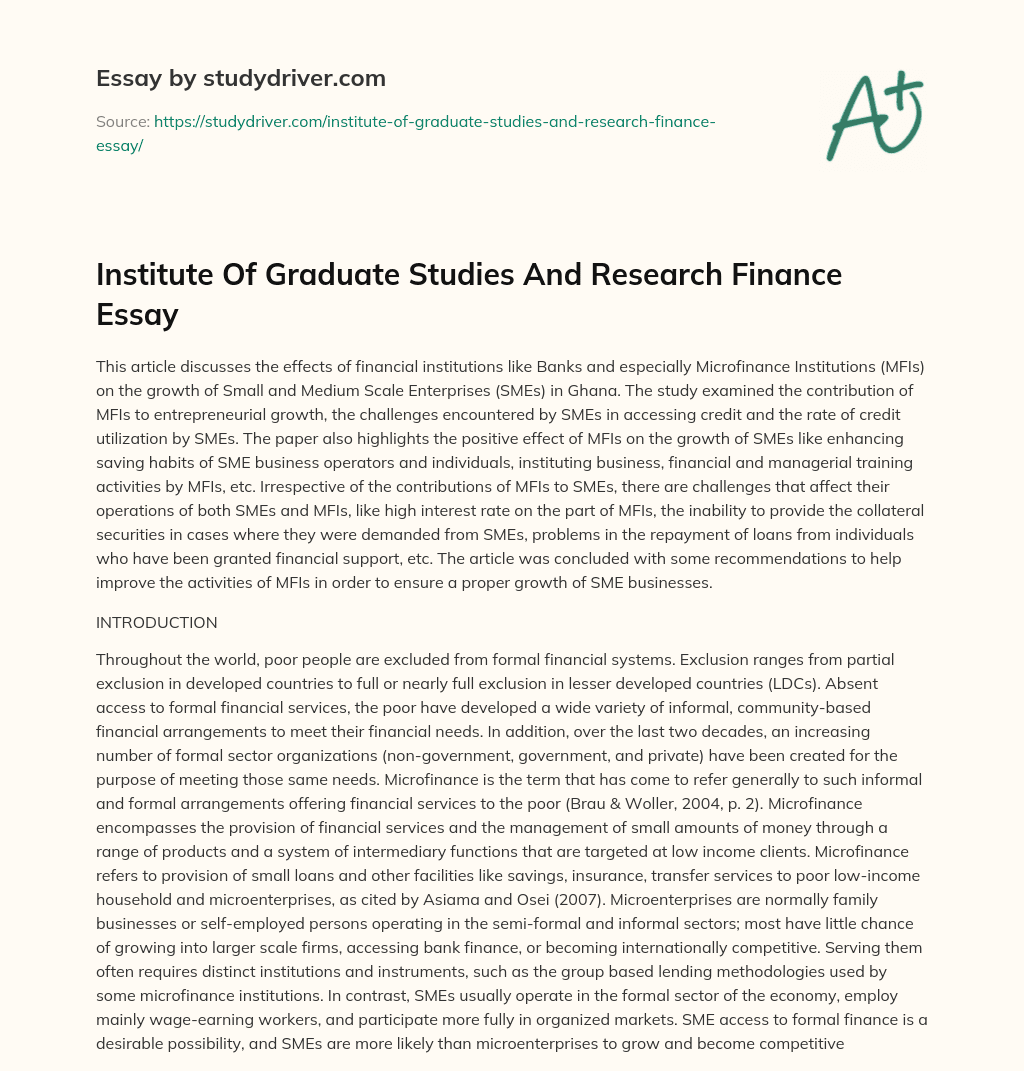 Institute of Graduate Studies and Research Finance Essay essay
