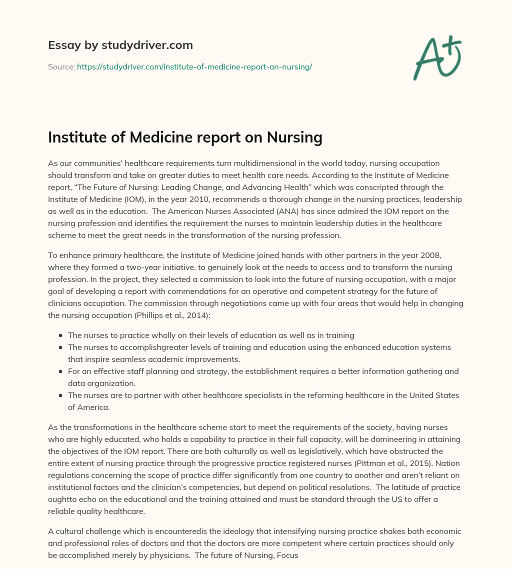 Institute of Medicine Report on Nursing essay