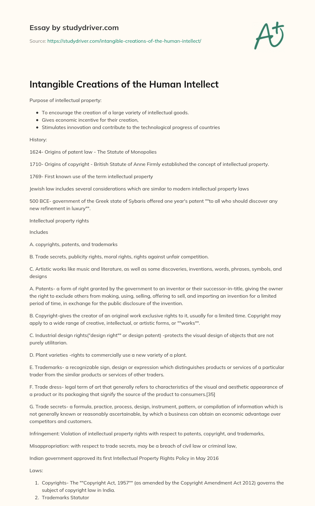 Intangible Creations of the Human Intellect essay