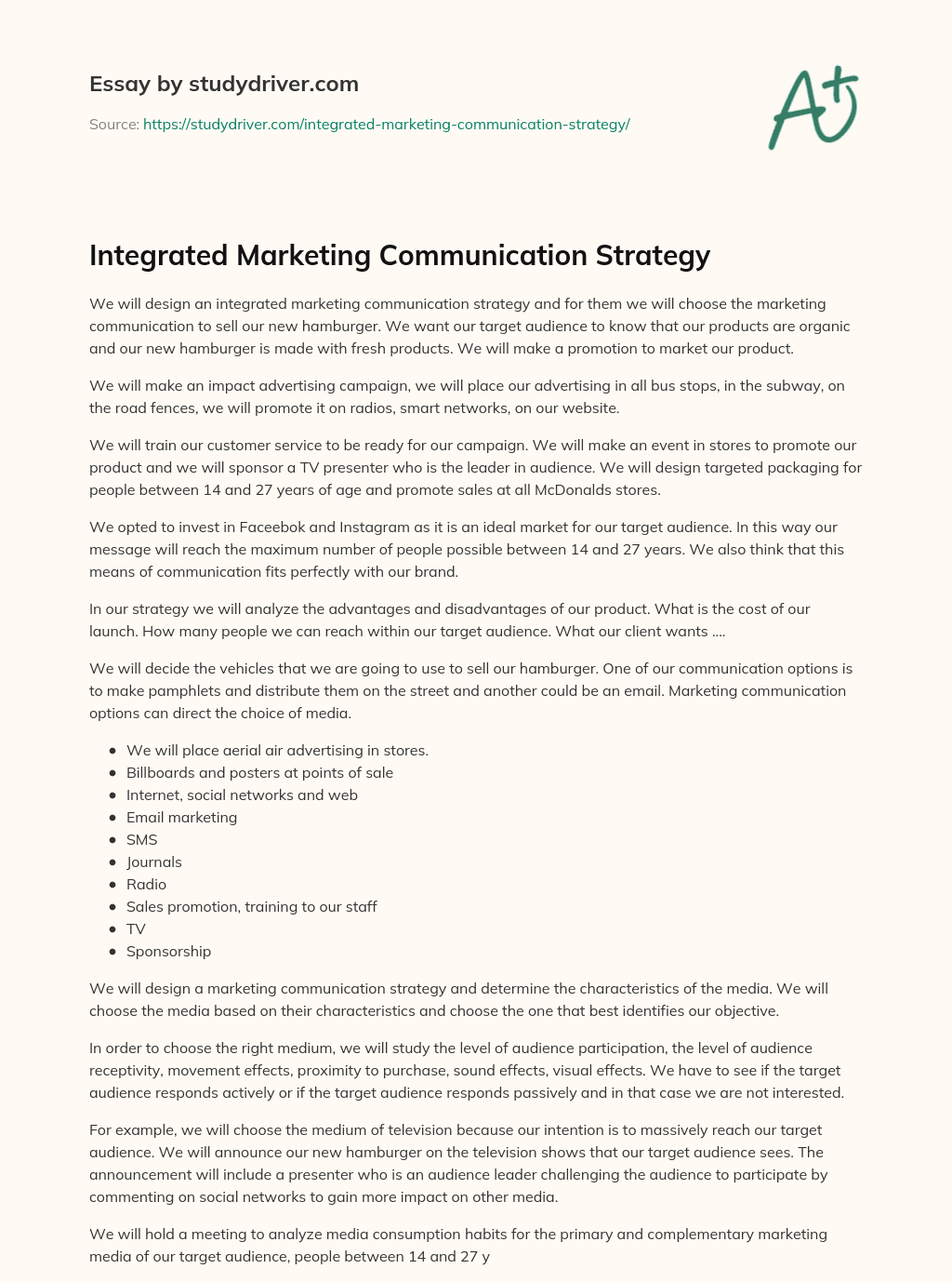 Integrated Marketing Communication Strategy  essay
