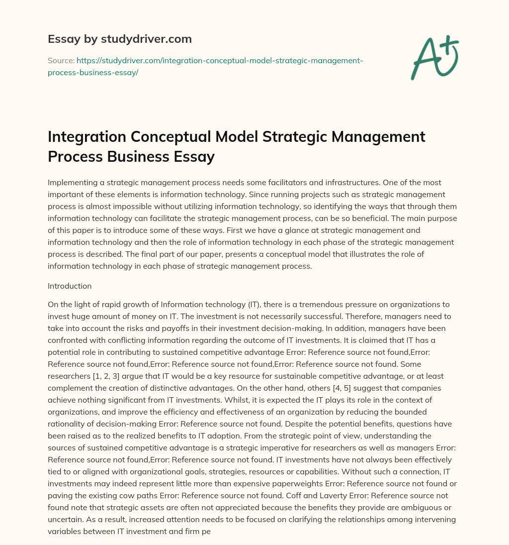 Integration Conceptual Model Strategic Management Process Business Essay essay
