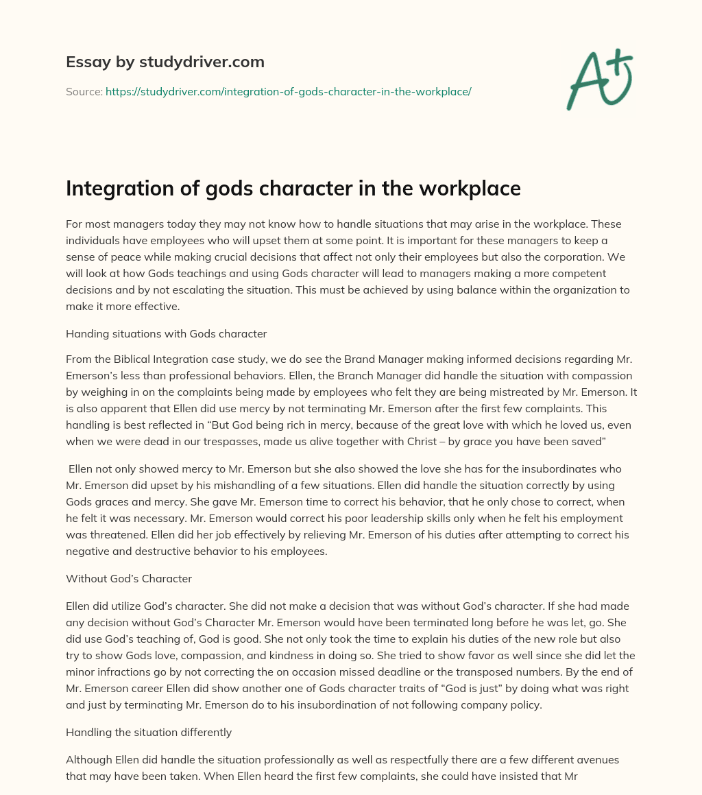 Integration of Gods Character in the Workplace essay