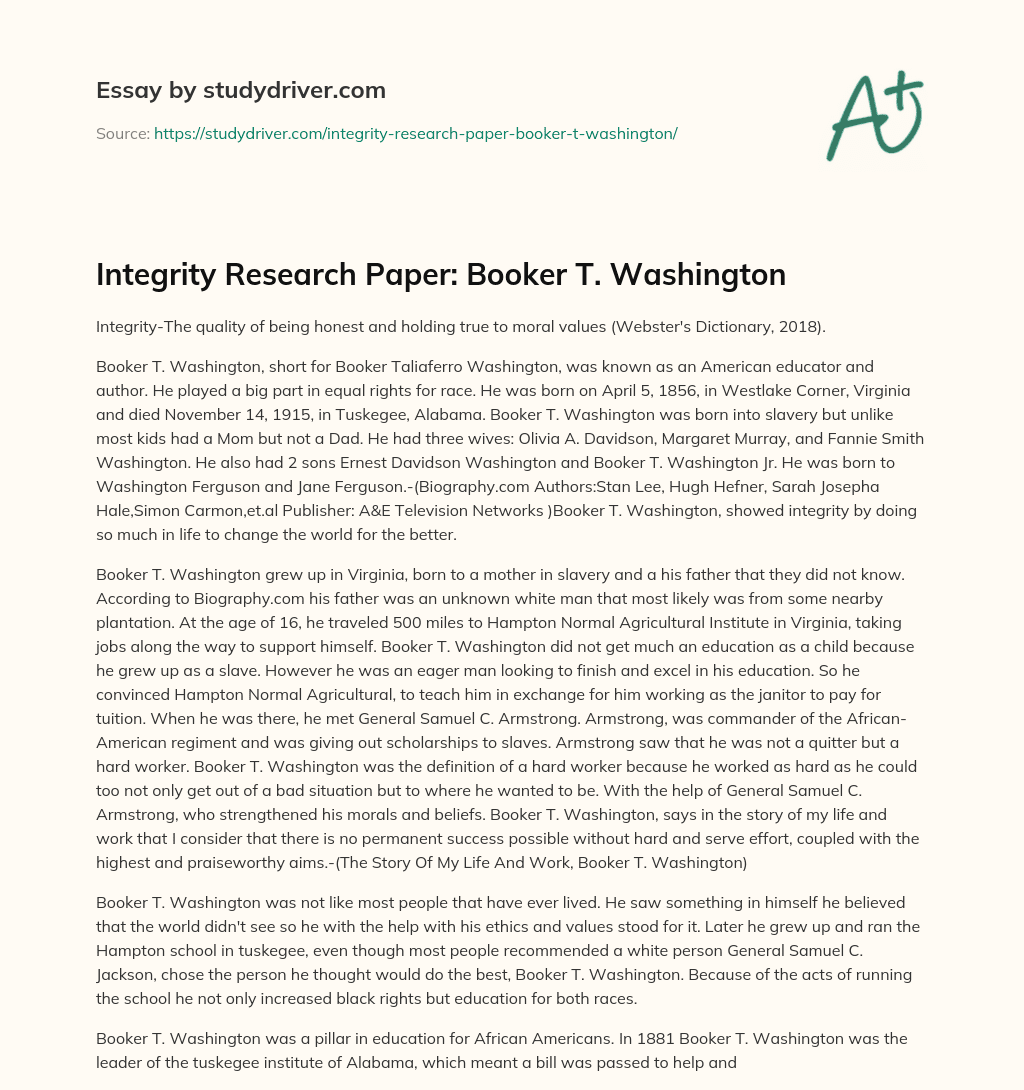 Integrity Research Paper: Booker T. Washington essay