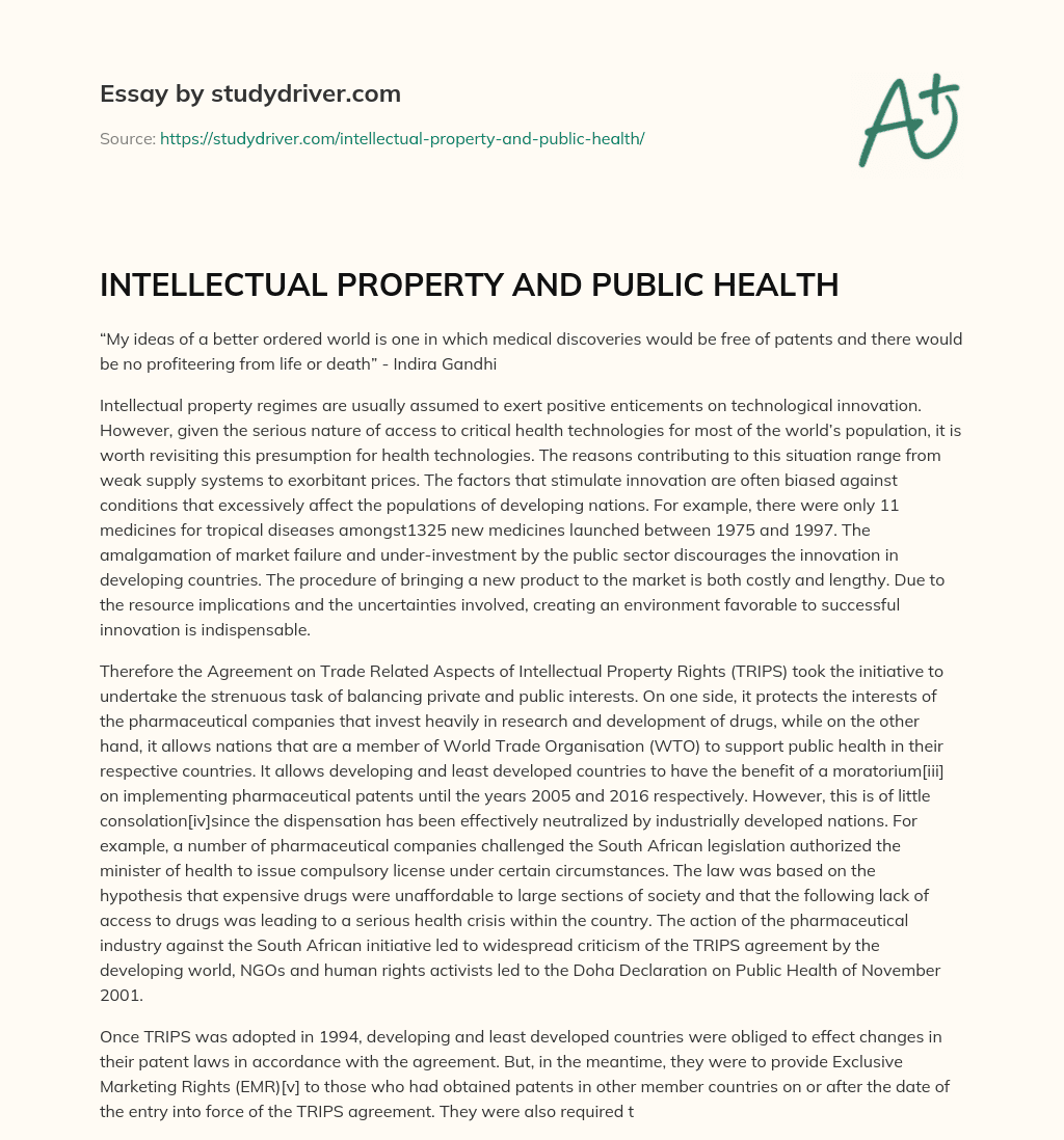 INTELLECTUAL PROPERTY and PUBLIC HEALTH essay