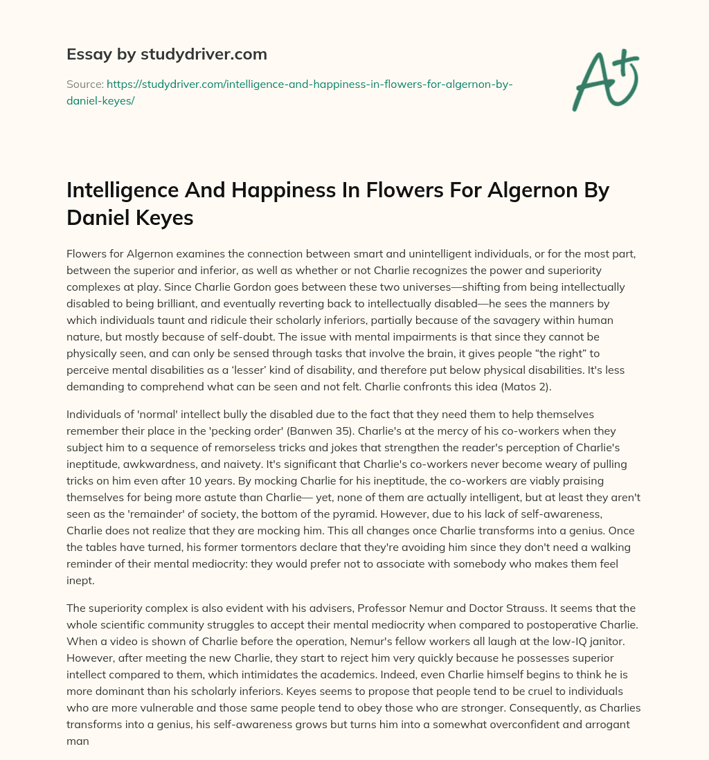 Intelligence and Happiness in Flowers for Algernon by Daniel Keyes essay