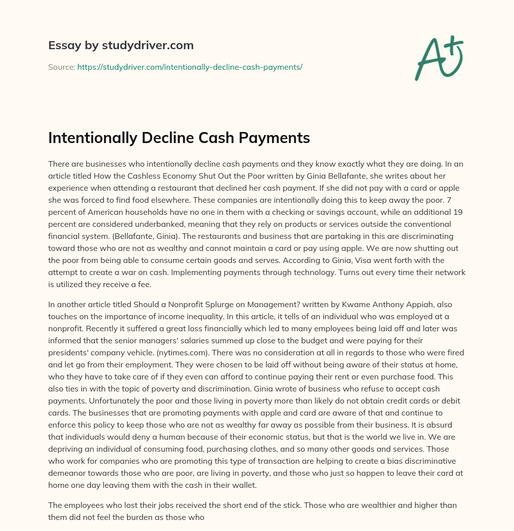 Intentionally Decline Cash Payments essay