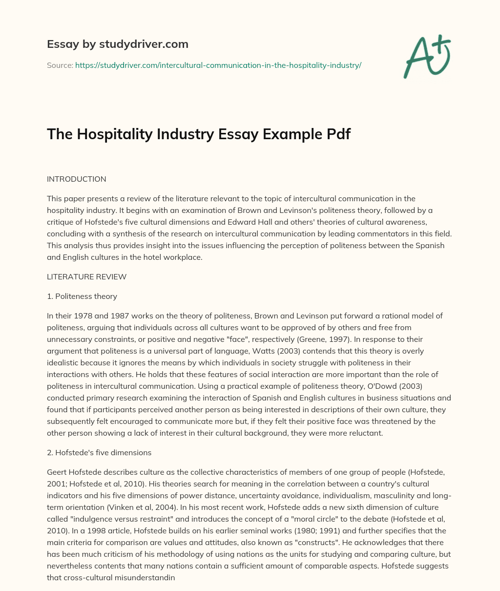 The Hospitality Industry Essay Example Pdf essay