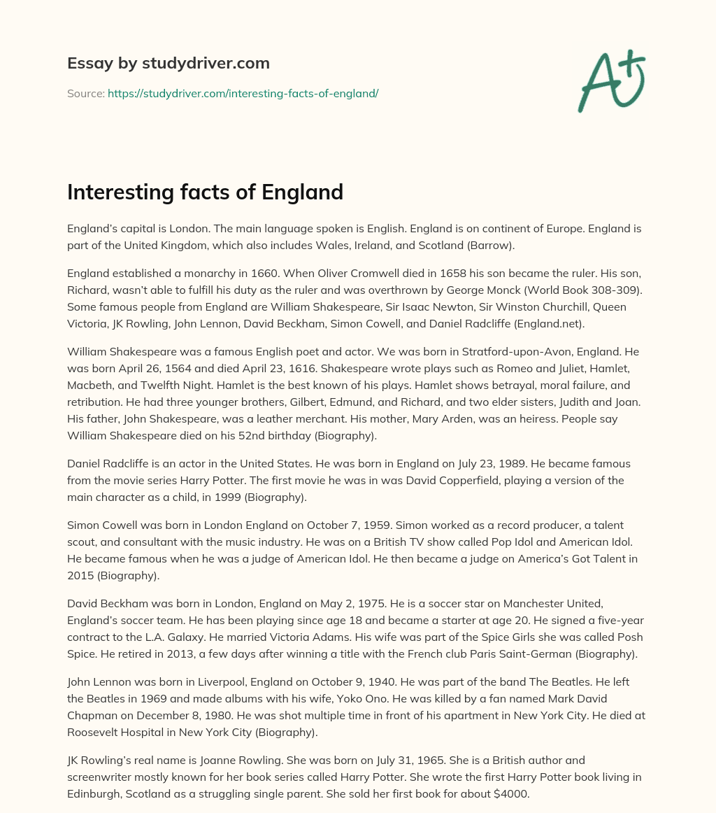 Interesting Facts of England essay