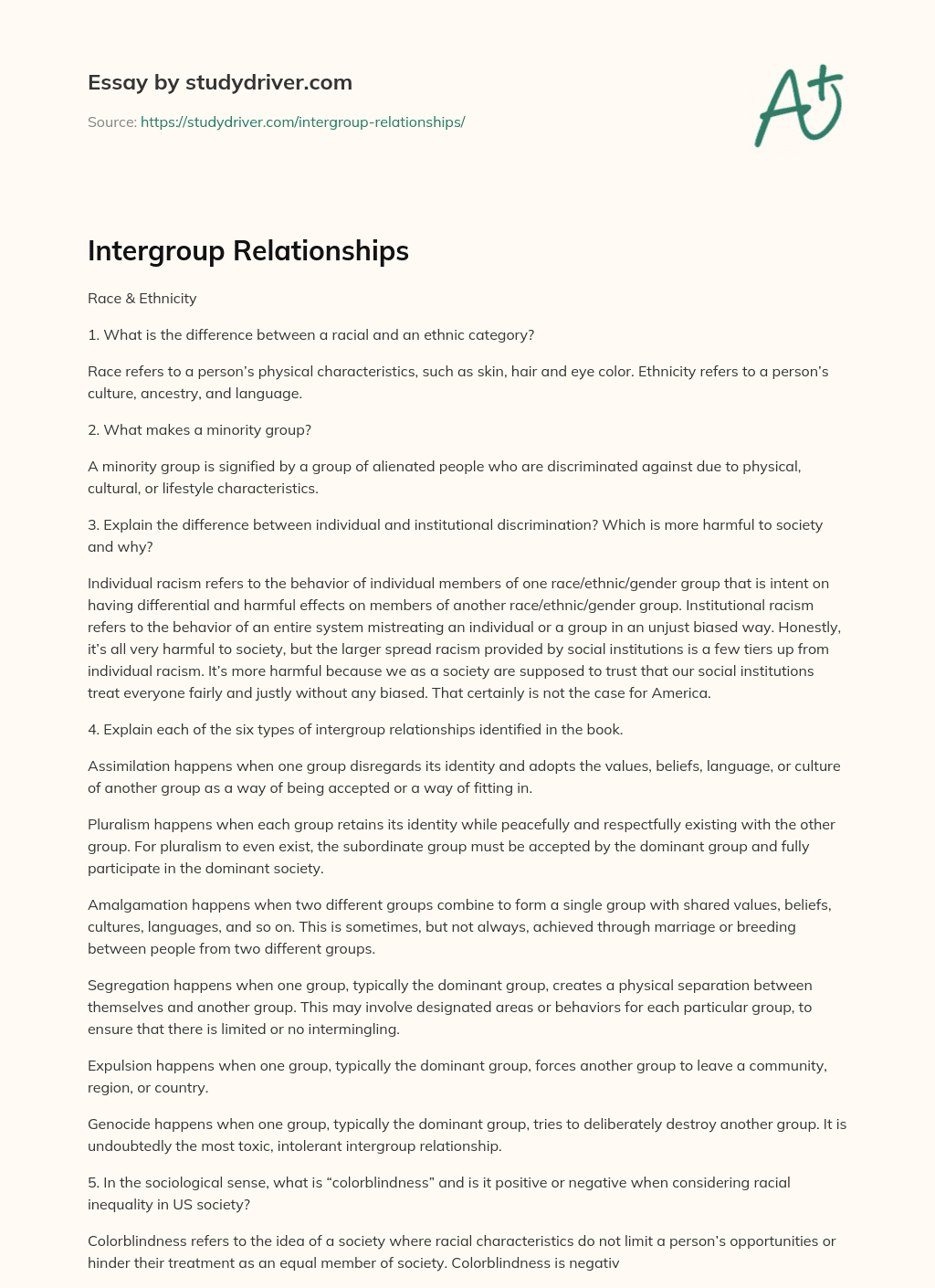 Intergroup Relationships essay