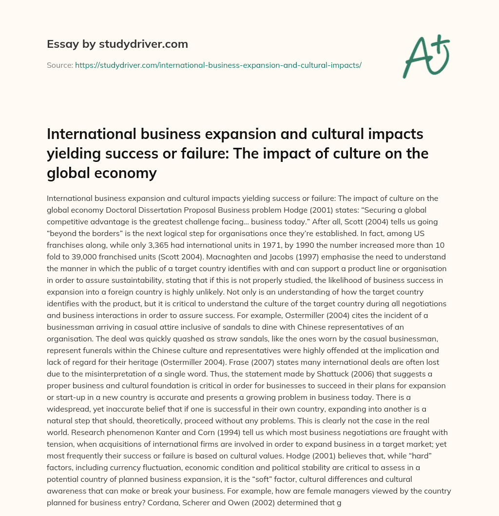 International Business Expansion and Cultural Impacts Yielding Success or Failure: the Impact of Culture on the Global Economy essay
