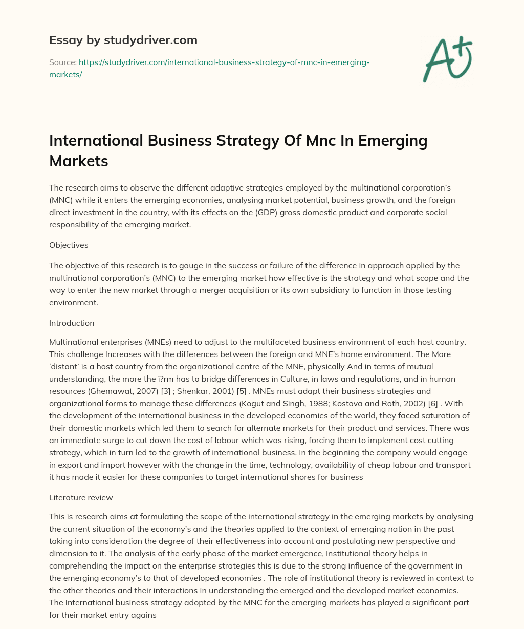 International Business Strategy of Mnc in Emerging Markets essay