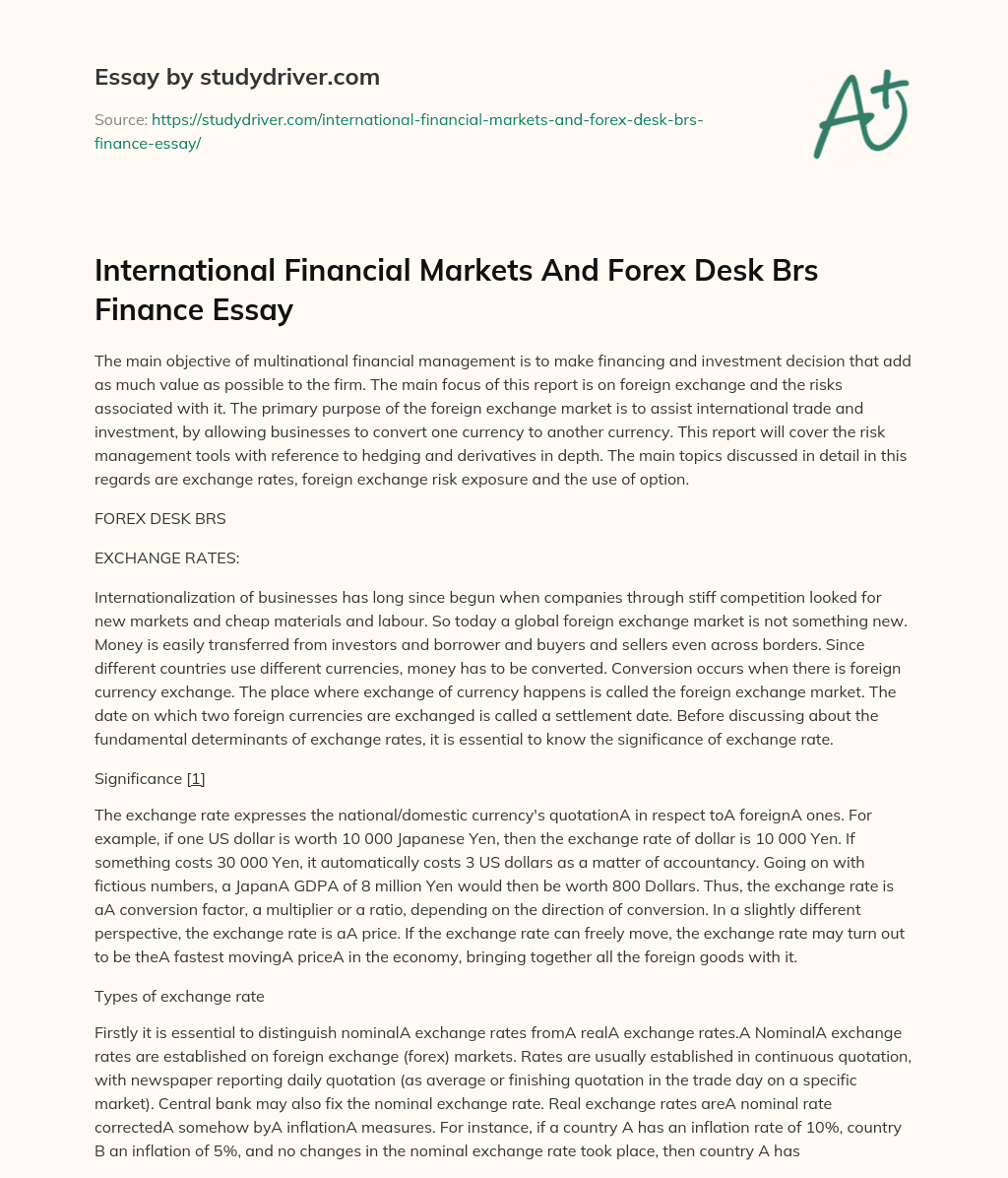 International Financial Markets and Forex Desk Brs Finance Essay essay