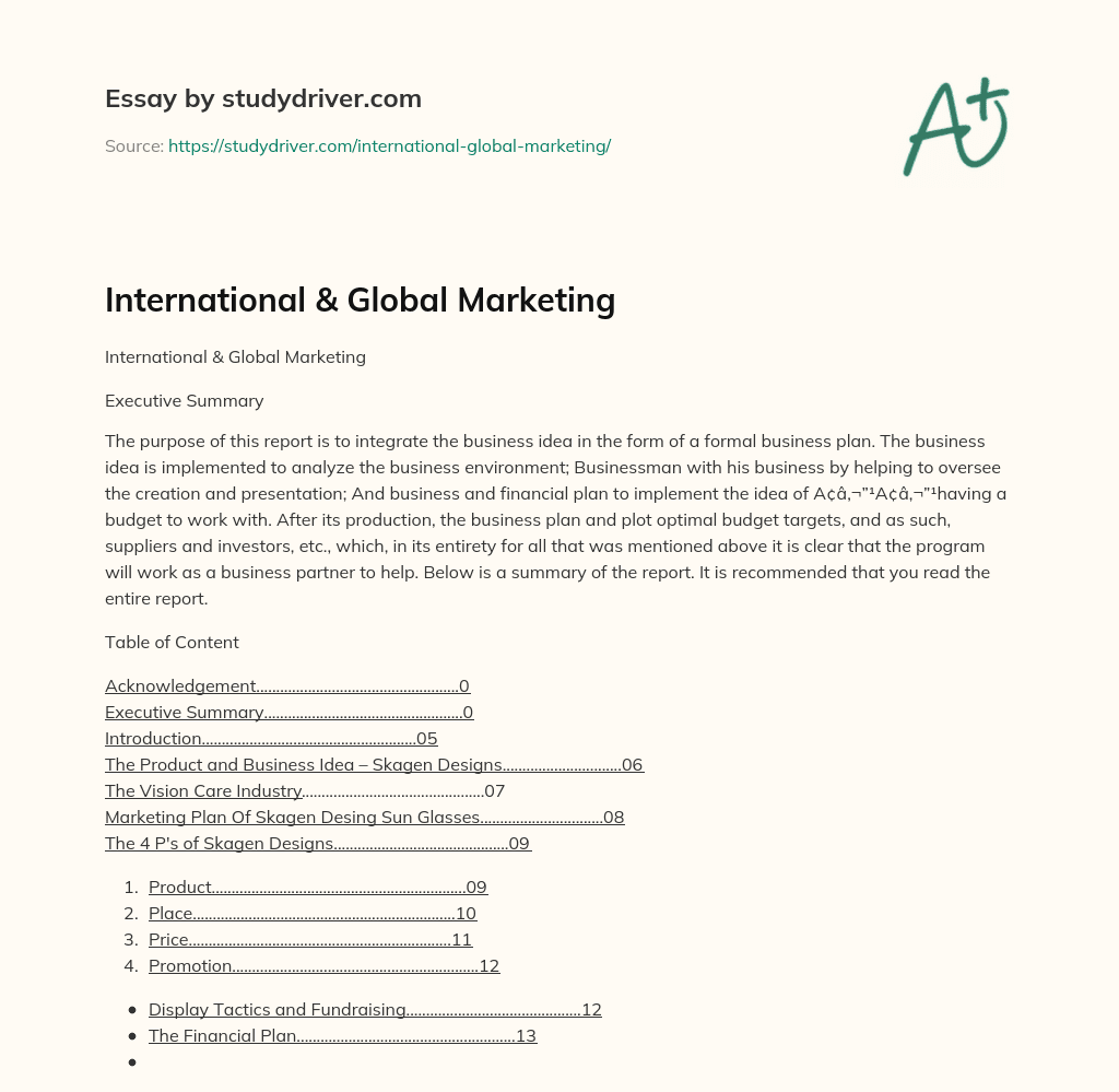 International & Global Marketing essay