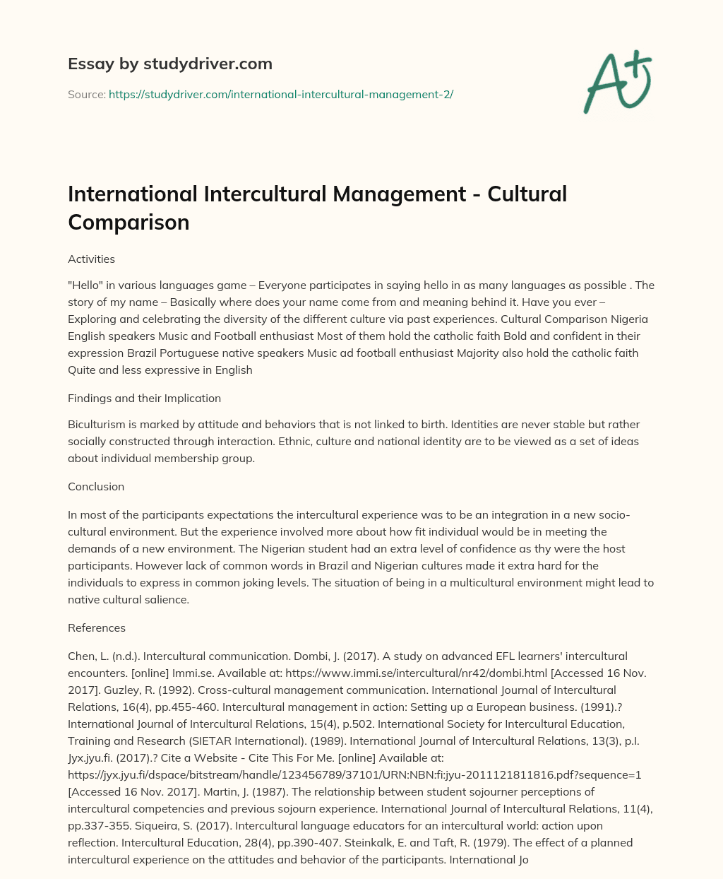 International Intercultural Management – Cultural Comparison essay