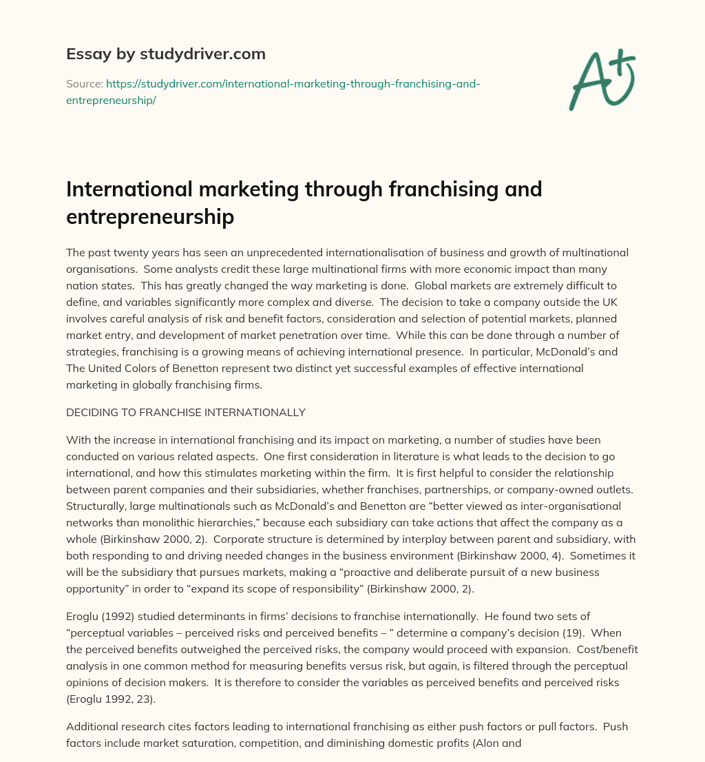 International Marketing through Franchising and Entrepreneurship essay