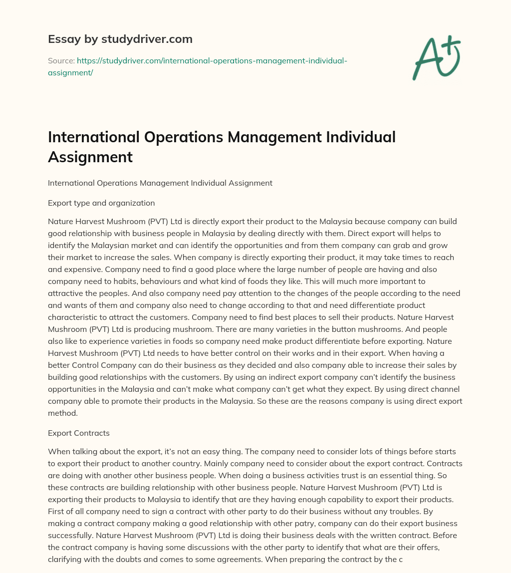 International Operations Management Individual Assignment essay