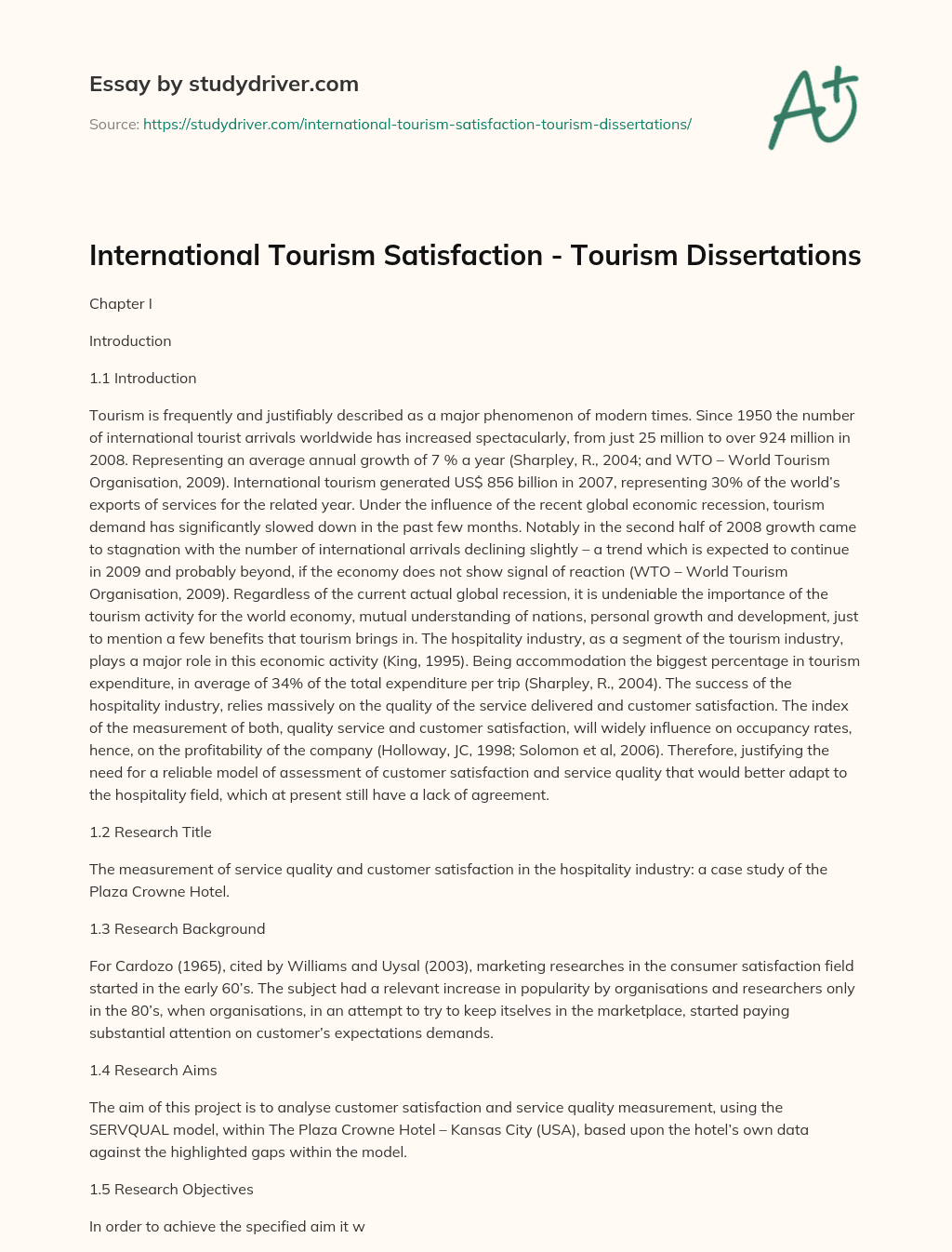 International Tourism Satisfaction – Tourism Dissertations essay