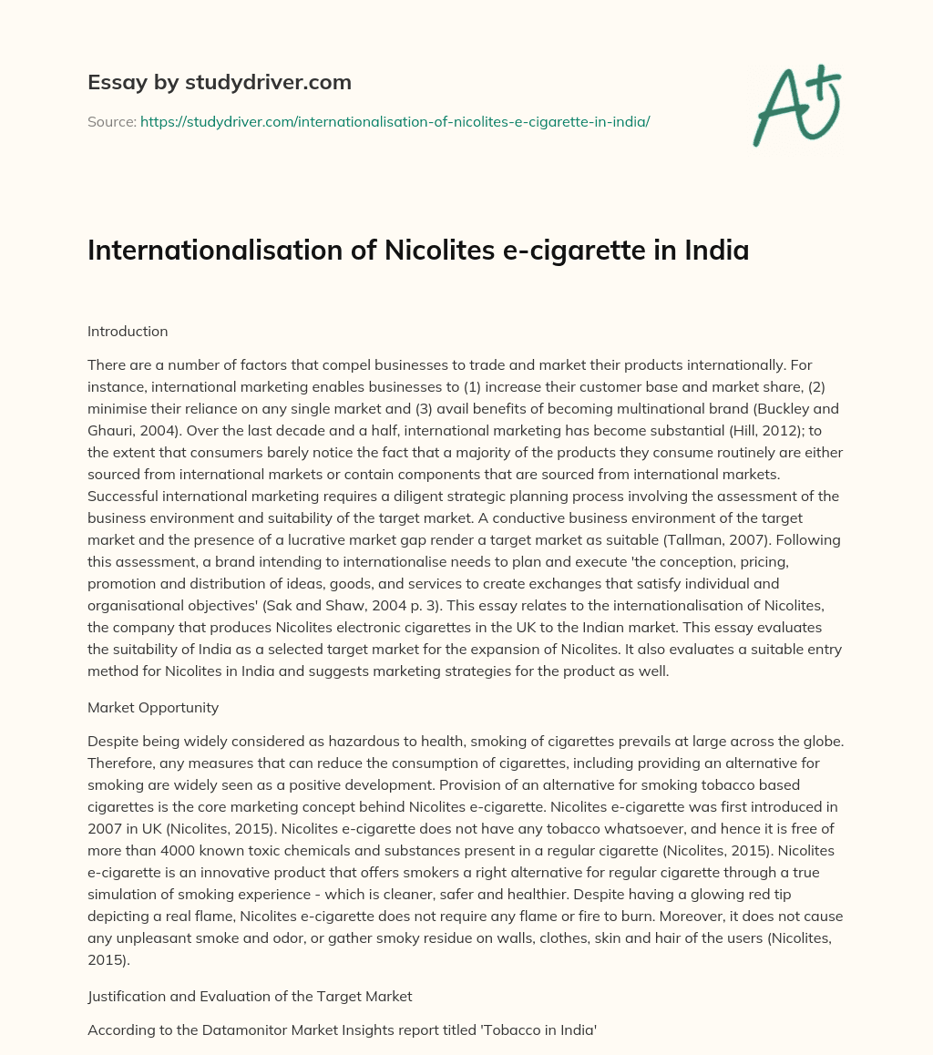Internationalisation of Nicolites E-cigarette in India essay