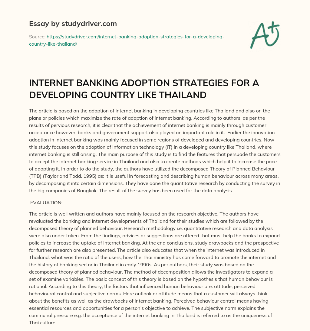 INTERNET BANKING ADOPTION STRATEGIES for a DEVELOPING COUNTRY LIKE THAILAND essay