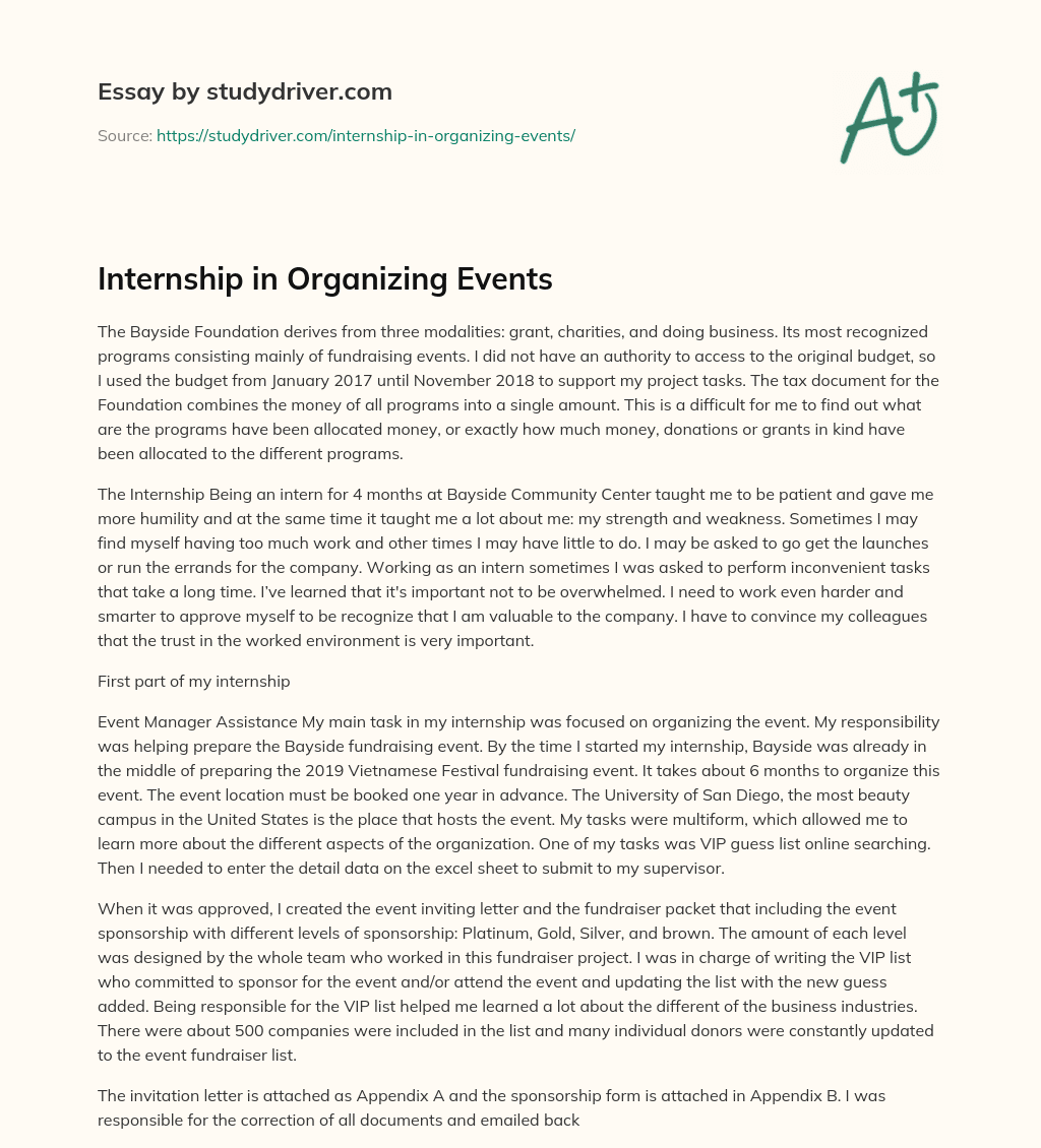 Internship in Organizing Events essay