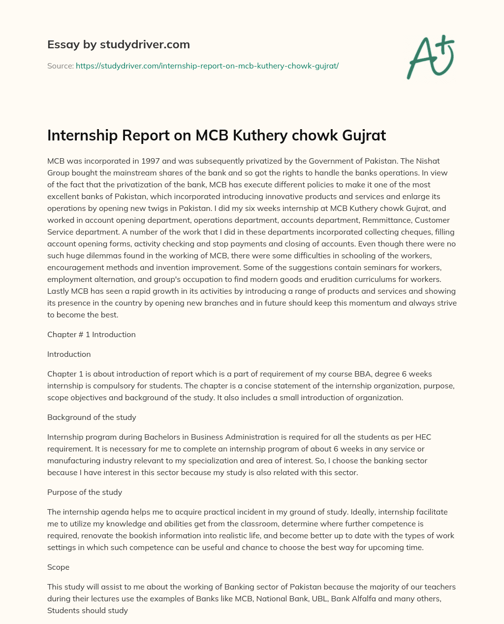 Internship Report on MCB Kuthery Chowk Gujrat essay