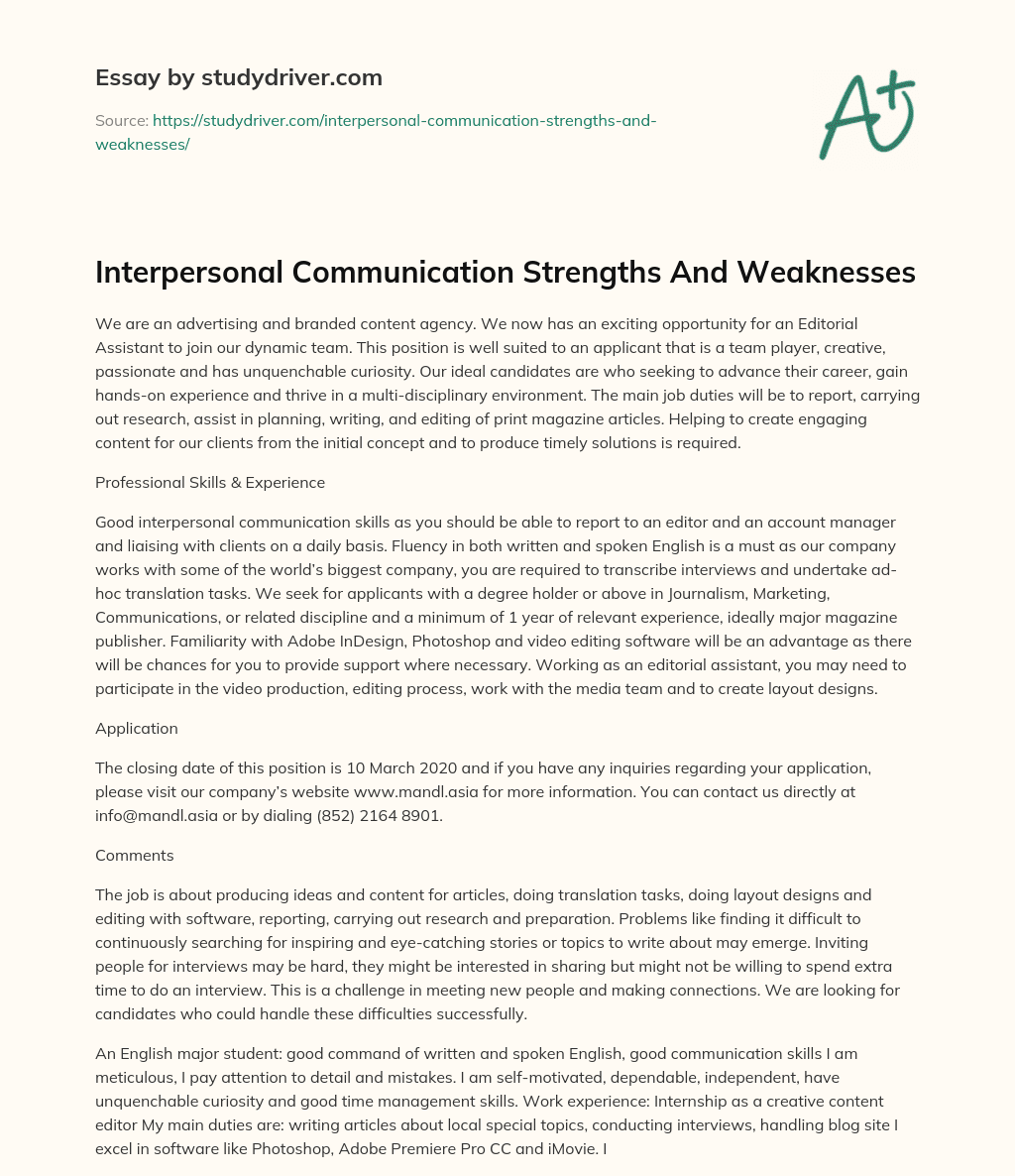 Interpersonal Communication Strengths and Weaknesses essay