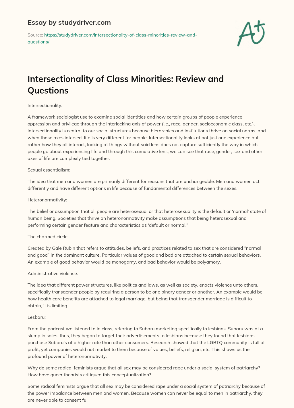 Intersectionality of Class Minorities: Review and Questions essay
