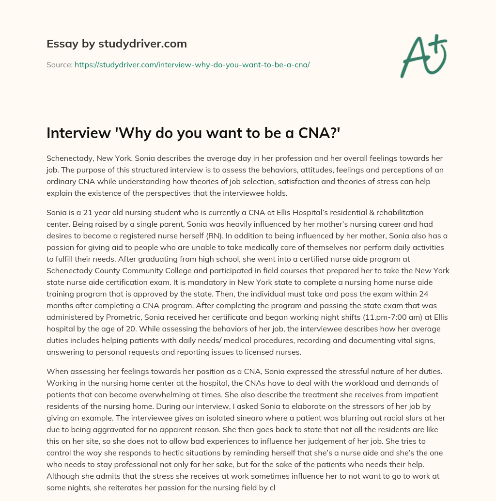 Interview ‘Why do you Want to be a CNA?’ essay