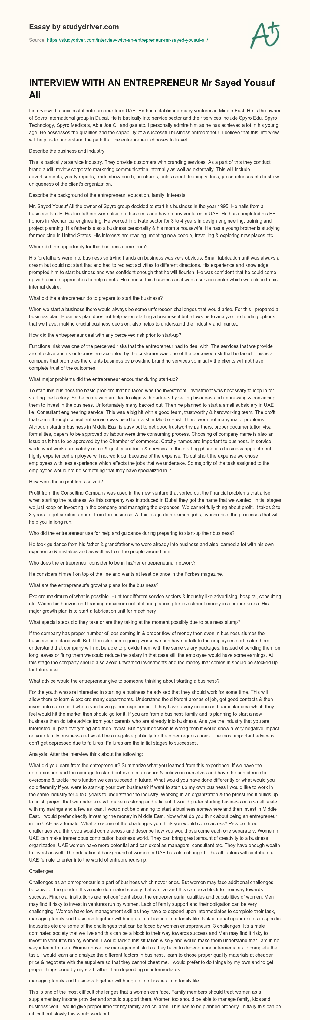 INTERVIEW with an ENTREPRENEUR Mr Sayed Yousuf Ali essay