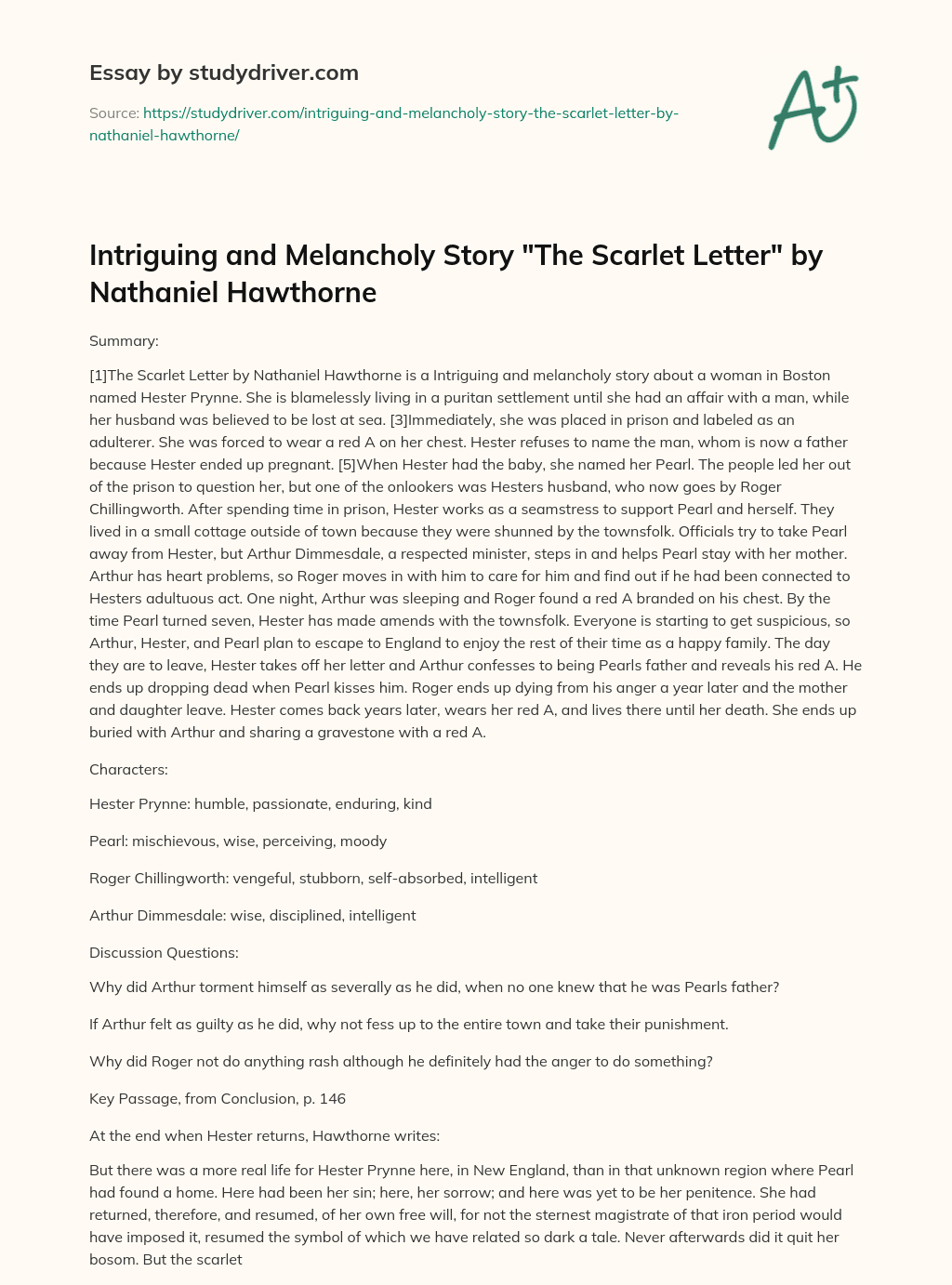 Intriguing and Melancholy Story “The Scarlet Letter” by Nathaniel Hawthorne essay